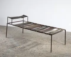o.T. (Liege) by Franz West, 1991, steel and leather, offered Apr 2021