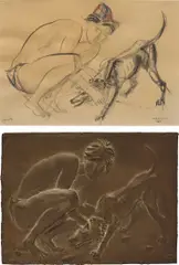 Venanzo Crocetti, Two works: (i) Giovane con cane ; (ii) Study for Giovane con cane, 1967, i) ink, watercolour and pastel on paper ii) bronze
