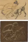 Venanzo Crocetti, Two works: (i) Giovane con cane ; (ii) Study for Giovane con cane, 1967, i) ink, watercolour and pastel on paper ii) bronze