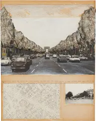 Christo, Wrapped Trees (Project for Avenue des Champs-Elysées), 1969, graphite, polyethylene, twine, photo, crayon, gouache and map collage on paper on panel