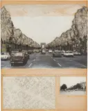 Christo, Wrapped Trees (Project for Avenue des Champs-Elysées), 1969, graphite, polyethylene, twine, photo, crayon, gouache and map collage on paper on panel