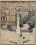 Christo, Wrapped Monument to Christobal Colon (Project for Barcelona - Plaça Porta de la Pau), 1976, graphite, charcoal, pastel, thread, staples and fabric collage on paper board on backing board, in artist’s Plexi-box frame