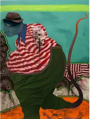 Simphiwe Ndzube, Figure With a Whip Leg, 2019, acrylic, fabric, sequins, fake hair, canvas, tape and felt hat collage, pins and staples on linen
