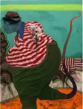 Simphiwe Ndzube, Figure With a Whip Leg, 2019, acrylic, fabric, sequins, fake hair, canvas, tape and felt hat collage, pins and staples on linen