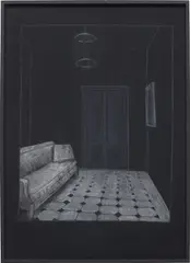 Juan Muñoz, Raincoat Drawing, 1989, white chalk on black fabric laid on wooden panel, in artist's frame