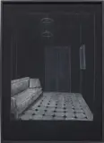 Juan Muñoz, Raincoat Drawing, 1989, white chalk on black fabric laid on wooden panel, in artist's frame