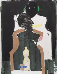 Zwei Figuren mit Flasche und Glas by Magnus von Plessen, 2009, cardboard collage, graphite and oil on canvas, offered Jul 2021