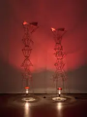 Ólafur Elíasson, Two Hot Air Columns, 2005, stainless steel, heat lamp and electric wire and plug, in 2 parts