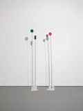 Takis, Signal Lights, 1970, metal rod, painted wood, light bulbs, acrylic glass and electrical components, in 2 parts