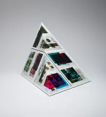 Make-Ready 1: Uncut Signature [Walead Beshty: Selected Correspondences 2001-2010, Bologna: Damiani Editore, 2010, Grafiche Damiani, Bologna, Italy, July 4-6, 2010], 90° Bend, 30° Diagonal/ 150° Antidiagonal Bisection by Walead Beshty, 2016, offset print and coated paper on bent Plexiglas, sold Jul 2021