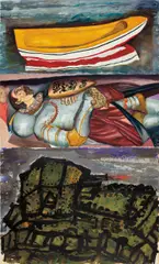 Malcolm Morley, The Boat, The Knight, The Tank, 1990, oil on linen, triptych