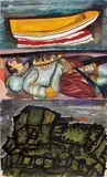 Malcolm Morley, The Boat, The Knight, The Tank, 1990, oil on linen, triptych
