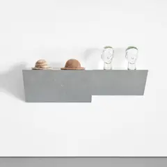 Untitled (Moroccan hats, head forms) by Haim Steinbach, 1990, chrome laminated wood shelf, 2 felt hats and 2 glass heads, sold Apr 2021