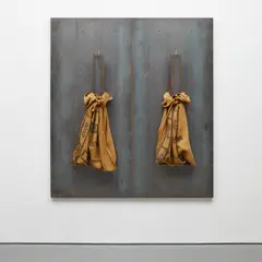 Untitled by Yannis Kounellis, 1989, steel plates, iron beam, burlap sack and rope, sold Oct 2021