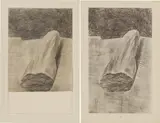 Max Ernst, Two works: (i) Le pain vacciné (template for 'Histoire Naturelle', sheet XXIII); (ii) Le pain vacciné, 1925, i) frottage and graphite on paper ii) collotype on paper