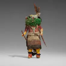 Zuni, Katsina doll representing Nawisho, Owner of Many Deer, c. 1945, wood, natural pigments, feathers, turquoise, sticks, ruff