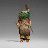 Zuni, Katsina doll representing Nawisho, Owner of Many Deer, c. 1945, wood, natural pigments, feathers, turquoise, sticks, ruff