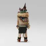 Zuni, Katsina doll representing Hehe'a, the Blunderer, c. 1945, wood, natural pigments, yarn, beads, leather, ruff, feathers, turquoise, metal