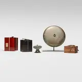 Asian, Collection of five objects, bronze, glazed earthenware; lacquered wood, textile