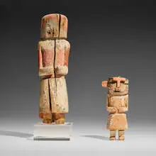 Hopi Tribe, Katsina dolls, set of two, c. 1920-1930, carved wood, natural pigments, string