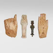 Ancient Egyptian, Collection of four objects, wood, bronze, ceramic