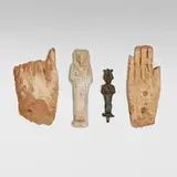 Ancient Egyptian, Collection of four objects, wood, bronze, ceramic