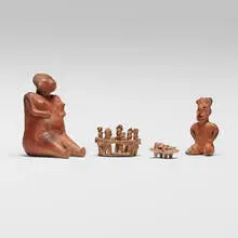 Nayarit, Collection of three figures and figurative group, terracotta, earthenware