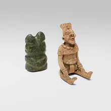 Mezcala, Janus-headed figure and seated figure, stone, terracotta