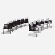 Oki Sato, Tape Cord outdoor chairs, set of ten, upholstery, rubber, varnished stainless steel