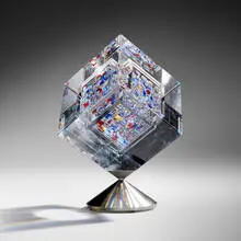 Angel's Festival by Jon Kuhn, 2003, ground, polished, and laminated glass, gold foil, stainless steel, sold Jan 2026