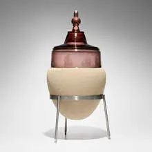 Urna dell'ascolto by Cristiano Bianchin, 2008, hand-blown, ground and polished glass, crocheted hemp, steel, sold Jan 2026