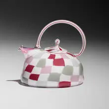 Checkerboard teapot by Richard Marquis, 1979, hand-blown glass, murrine, sold Jan 2026