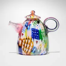 Crazy Quilt Teapot by Richard Marquis, 1979, hand-blown glass, murrine, sold Jan 2026