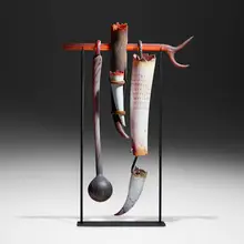 William Morris, Suspended Artifact, 1995, hand-blown and hot-sculpted glass, metal base