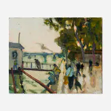Bernard Lamotte, Figures along River’s Edge, oil on panel