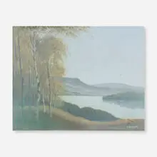Carl Schmidt for Rookwood Pottery, Mountainous Landscape with Birch Trees and a Lake (Vellum plaque), 1913, glazed earthenware, original frame