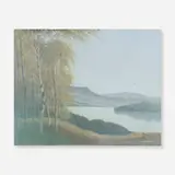Mountainous Landscape with Birch Trees and a Lake (Vellum plaque) by Carl Schmidt for Rookwood Pottery, 1913, glazed earthenware, original frame, sold Jun 2024