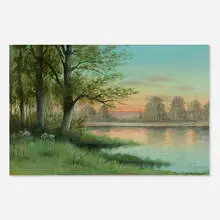 Carl Schmidt, Lake Landscape at Sunset, oil on artist board