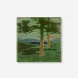 The Pines trivet by Addison LeBoutillier for Grueby Faience Company, c. 1906, glazed earthenware decorated in cuenca, sold Jun 2024