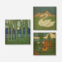 Grueby Faience Company, Collection of three tiles, c. 1905, glazed earthenware decorated in cuenca