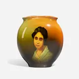 Standard Glaze pillow vase with female portrait in kimono by Robert Bruce Horsfall for Rookwood Pottery, sold Jun 2024