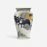 Jane Sacksteder for Rookwood Pottery, Decorated Porcelain vase with a flying bat, bamboos and a full moon