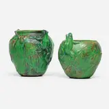 Weller Pottery, Coppertone frog vases with arrowhead leaves, set of two