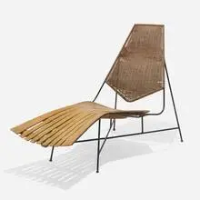 Arthur Umanoff, Chaise lounge, c. 1955, painted iron, wood, rattan