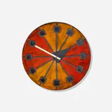 Meridian wall clock, model 7542 by George Nelson & Associates, c. 1965, glazed stoneware, enameled aluminum, sold May 2025