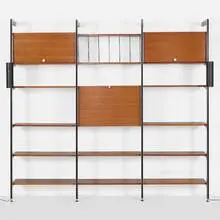 George Nelson & Associates, CSS (Comprehensive Shelving System), 1959, walnut, enameled and brushed aluminum, polished aluminum