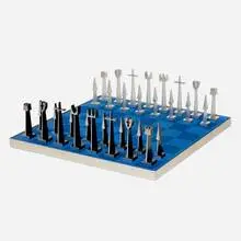 Austin Cox, Chess set, 1962, aluminum, anodized aluminum, walnut, acrylic