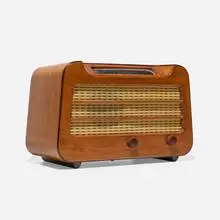 Alexander Girard, Radio, model 579, c. 1946, walnut, plastic, steel, cloth, glass