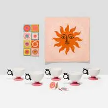 Alexander Girard, Ephemera from La Fonda del Sol, c. 1960, printed paper, matches, glazed porcelain