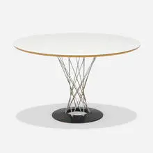 Dining table, model 311 by Isamu Noguchi, laminate over plywood, chrome-plated steel, enameled steel, sold May 2025
